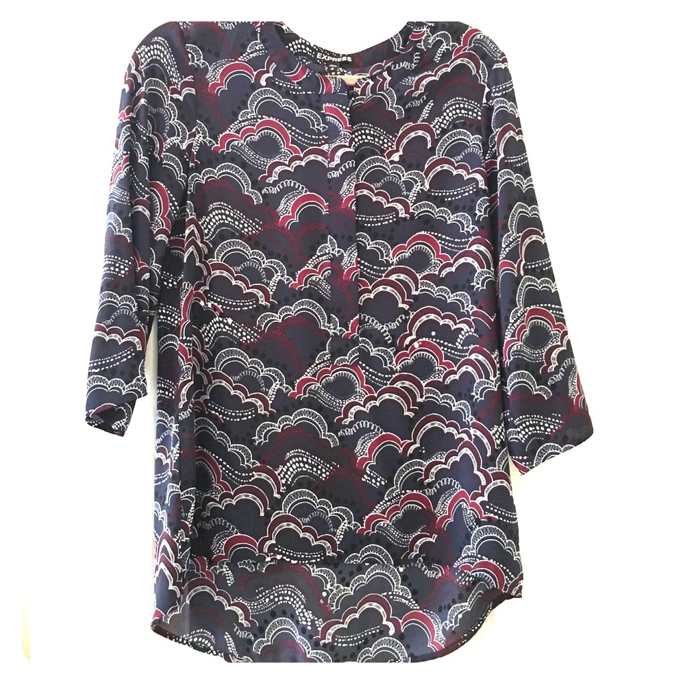 Express 3 quarter zip, navy and crimson blouse